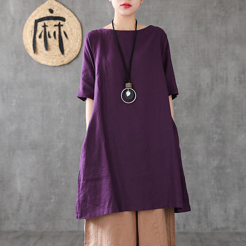 Italian purple linen Robes o neck pockets Plus Size summer Dress - Omychic