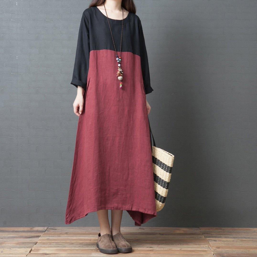 Italian red linen Wardrobes Organic Neckline o neck patchwork asymmetric robes Dresses - Omychic