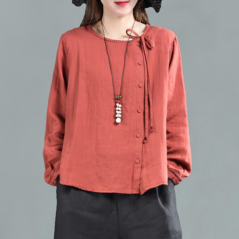 Italian red linen cotton Shirts Omychic Women Long Sleeve Lace-Up Blouse - Omychic