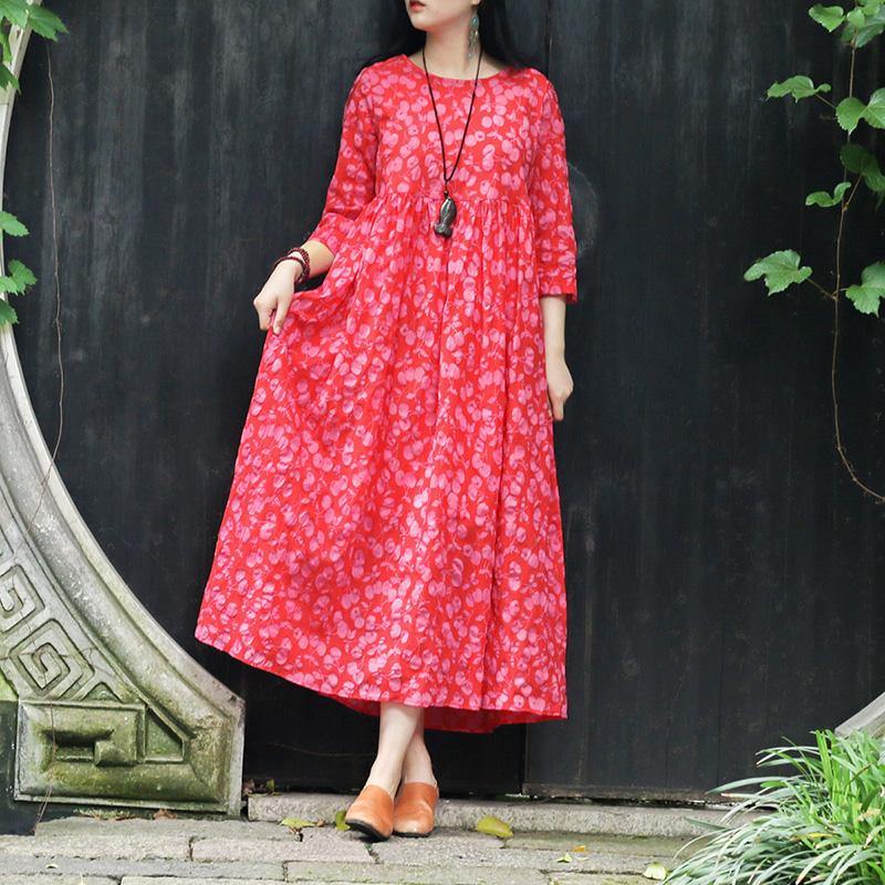 Italian red print cotton tunics for women Korea Fabrics o neck pockets Robe Summer Dresses - Omychic