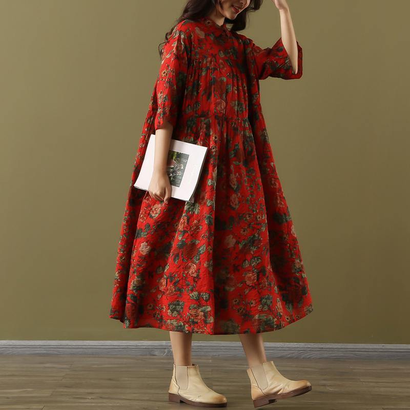 Italian red print linen clothes For Women lapel wrinkled long summer Dress - Omychic