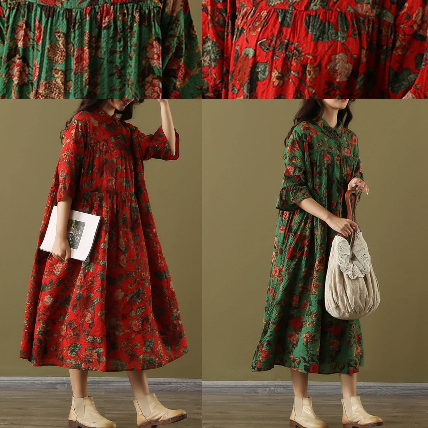 Italian red print linen clothes For Women lapel wrinkled long summer Dress - Omychic