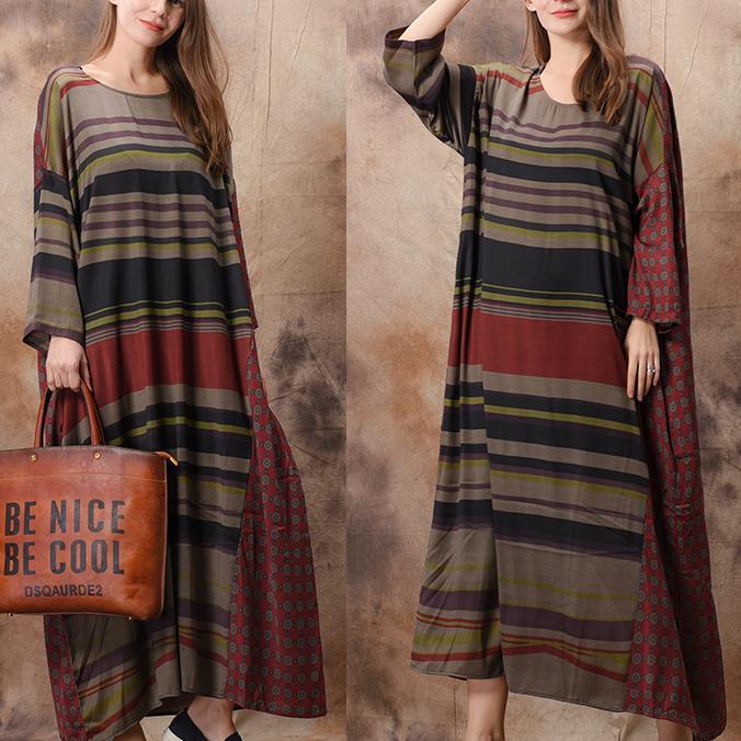 Italian red striped silk clothes Casual Cotton o neck pockets spring Dress - Omychic