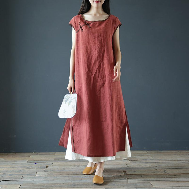 Italian short sleeve cotton dress linen red Dresses summer - Omychic