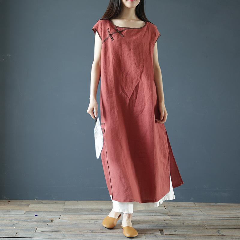Italian short sleeve cotton dress linen red Dresses summer - Omychic