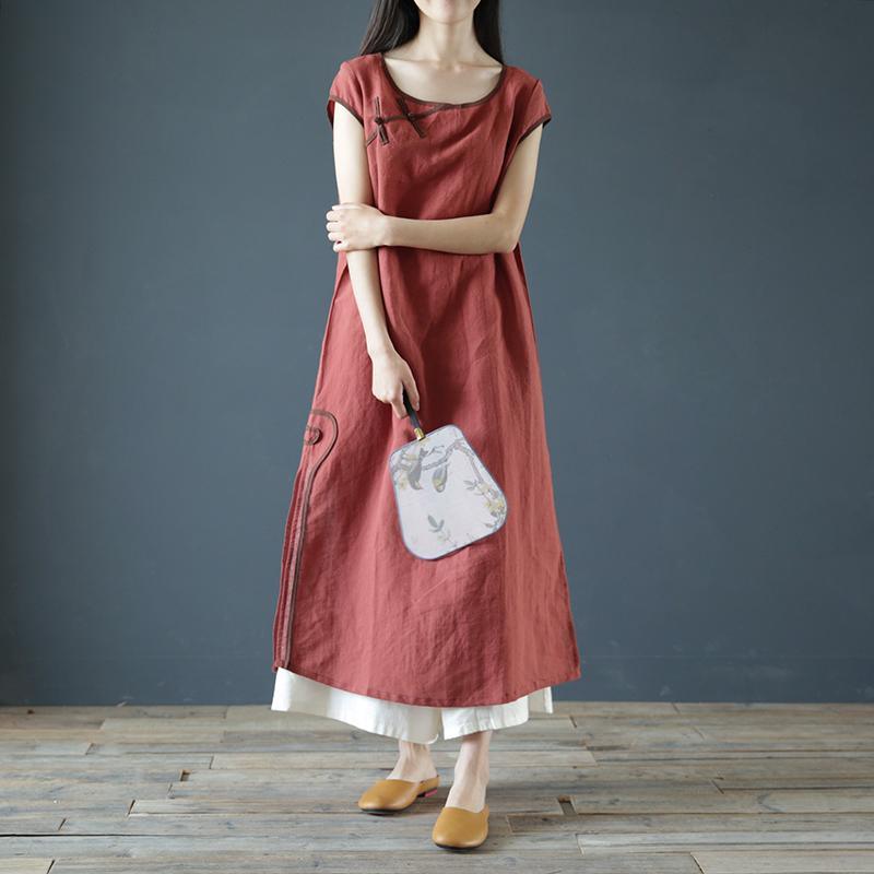 Italian short sleeve cotton dress linen red Dresses summer - Omychic