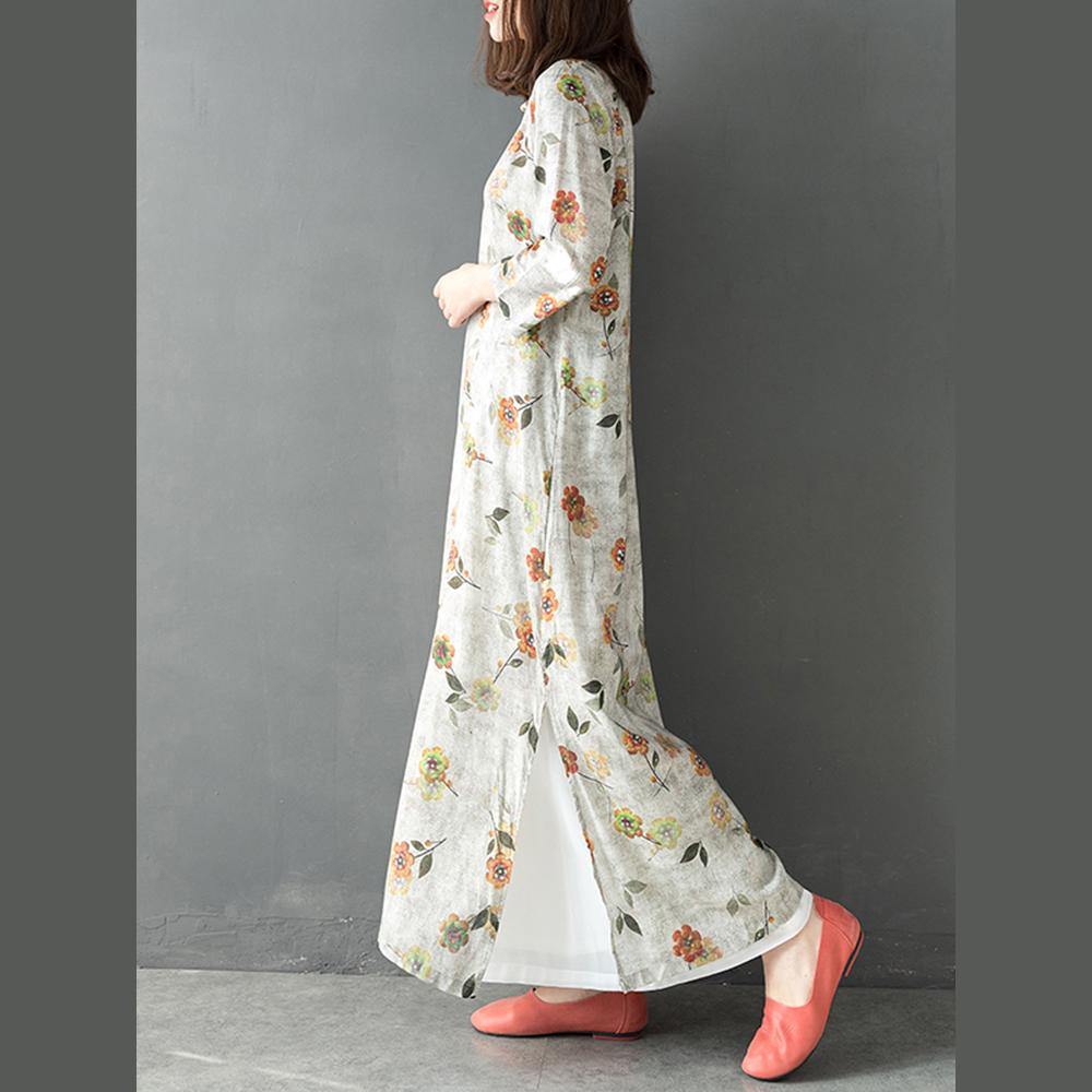 Italian side open linen clothes For Women Neckline gray print Dress summer - Omychic