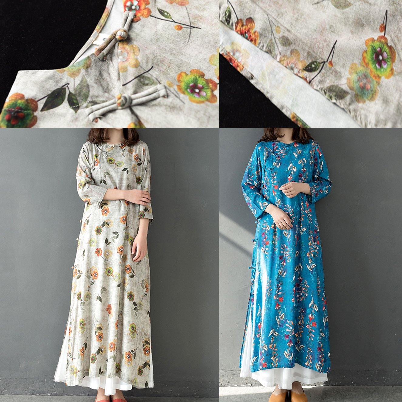 Italian side open linen clothes For Women Neckline gray print Dress summer - Omychic