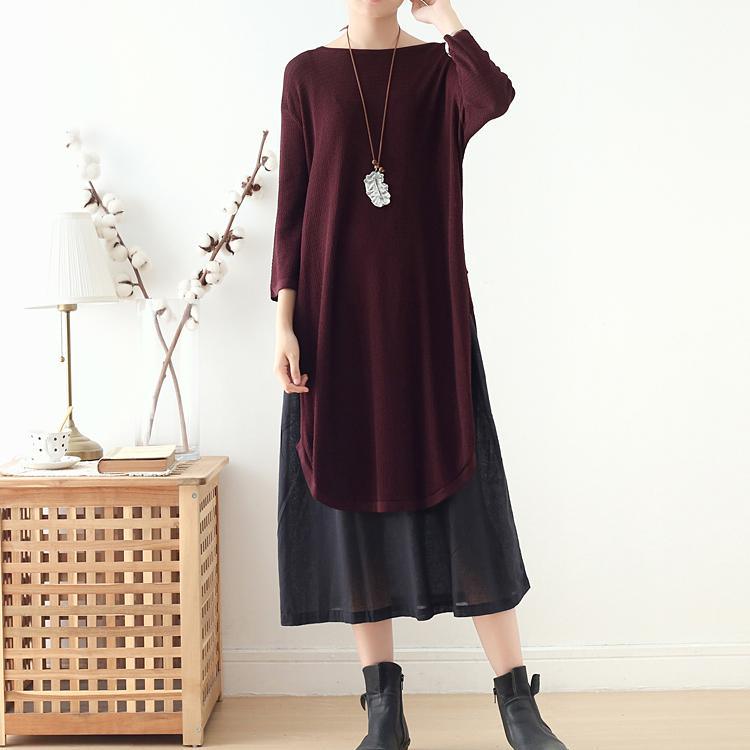 Italian side open linen dress Sleeve burgundy Dress fall - Omychic