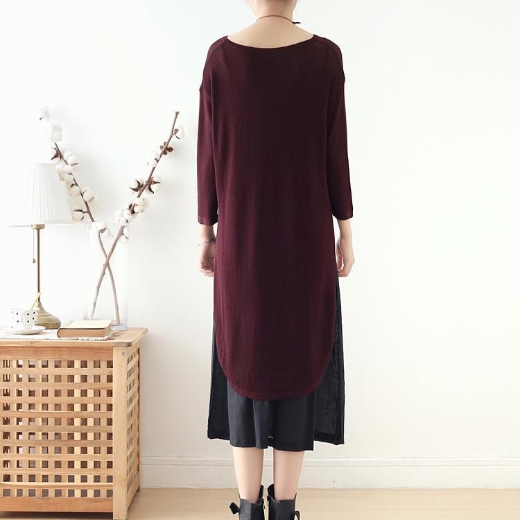 Italian side open linen dress Sleeve burgundy Dress fall - Omychic