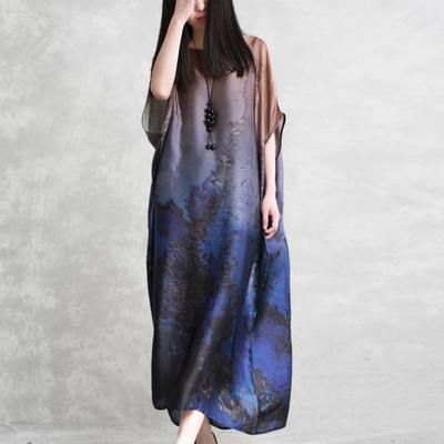 Italian silk clothes top quality Round Neck Loose Batwing Sleeve Dress - Omychic