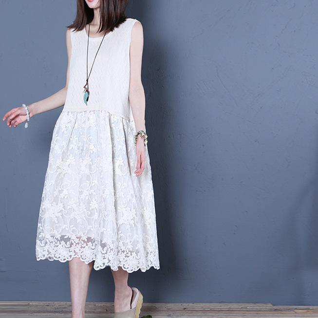 Italian sleeveless linen Robes Neckline white patchwork Dresses summer - Omychic