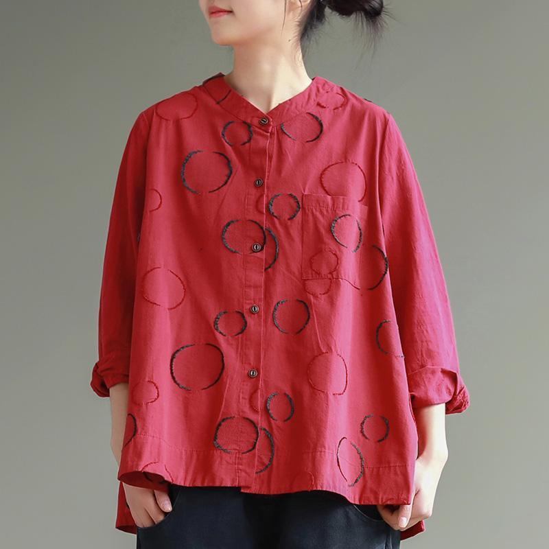 Italian stand collar Button Down cotton Blouse Vintage design red dotted box blouses - Omychic