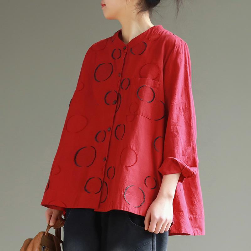 Italian stand collar Button Down cotton Blouse Vintage design red dotted box blouses - Omychic
