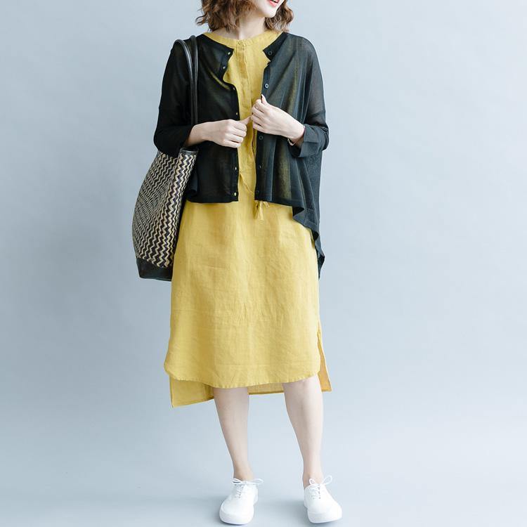 Italian stand collar linen clothes 2019 pattern yellow tunic Dresses - Omychic