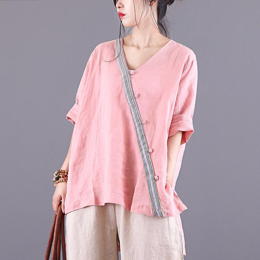 Italian v neck asymmetric patchwork linen Long Shirts Photography pink shirt summer - Omychic