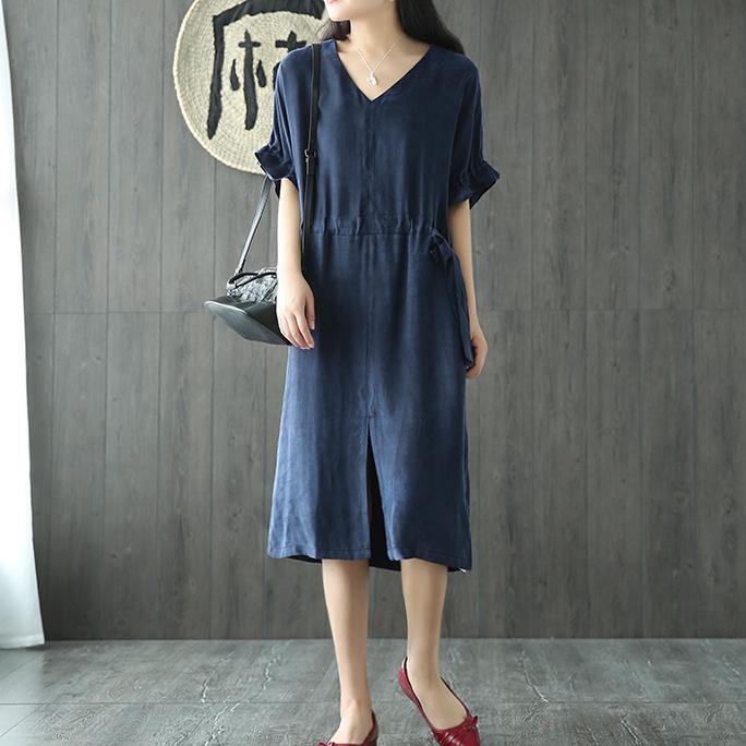 Italian v neck drawstring silk dresses Inspiration navy Dress summer - Omychic
