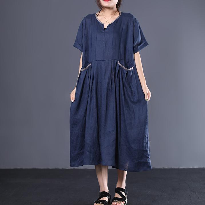 Italian v neck linen Wardrobes Online Shopping navy shrot sleeve Dresses summer - Omychic