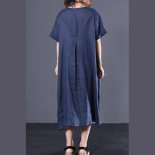 Italian v neck linen Wardrobes Online Shopping navy shrot sleeve Dresses summer - Omychic