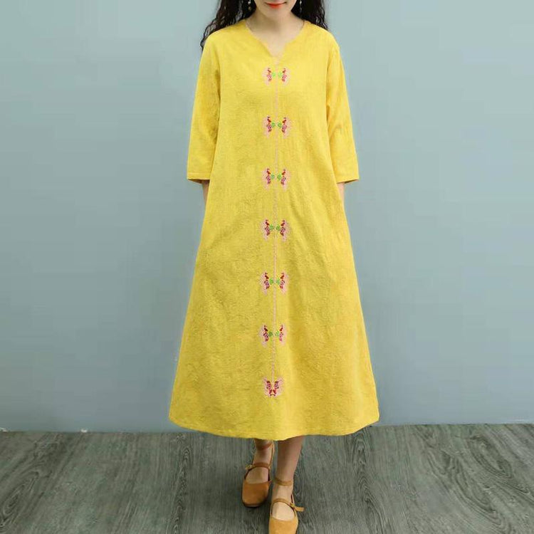 Italian v neck linen dress Tunic Tops yellow Dress summer - Omychic