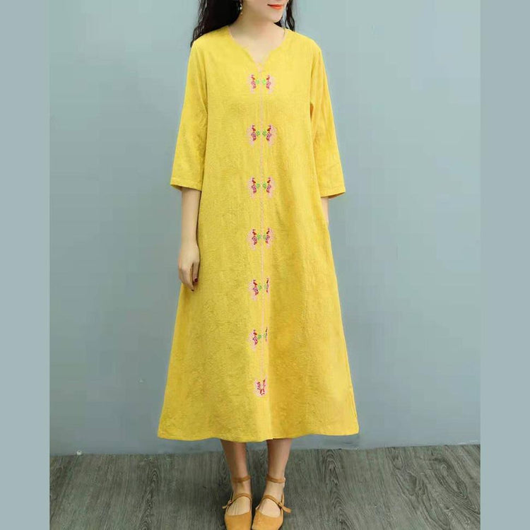 Italian v neck linen dress Tunic Tops yellow Dress summer - Omychic