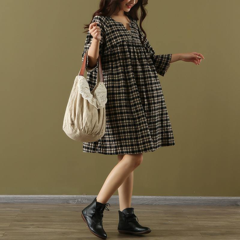 Italian v neck pockets linen cotton clothes For Women Fashion Ideas black Plaid Dresses summer - Omychic