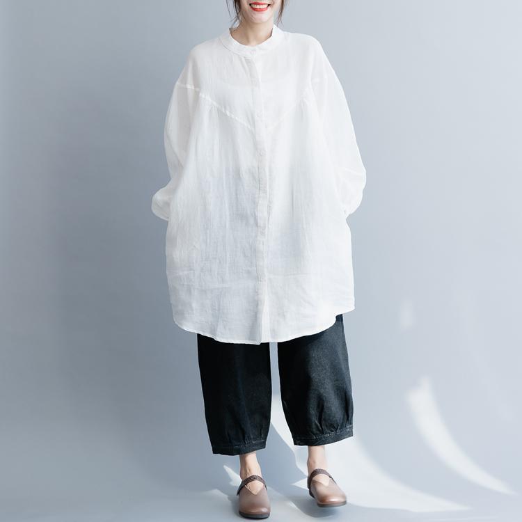 Italian white cotton linen tunic top Fine Shirts stand collar Button Down silhouette spring blouses - Omychic