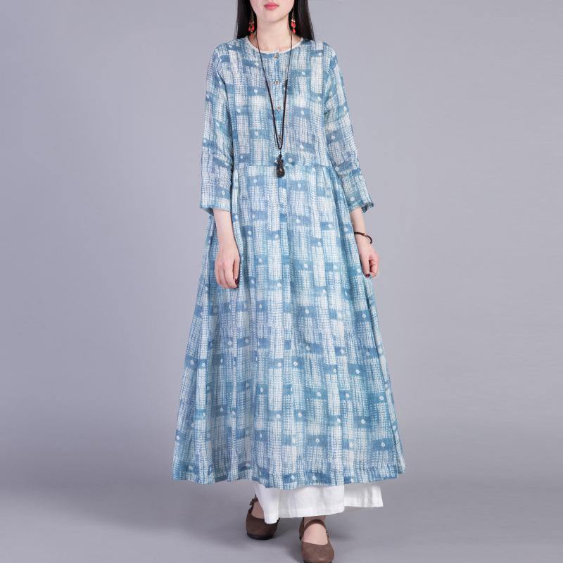 Italian wrinkled Chiffon Robes Photography blue plaid Dresses autumn - Omychic