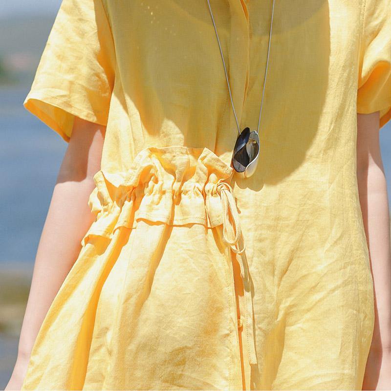 Italian yellow linen clothes Pakistani Shape Button Down oversized summer Dress - Omychic