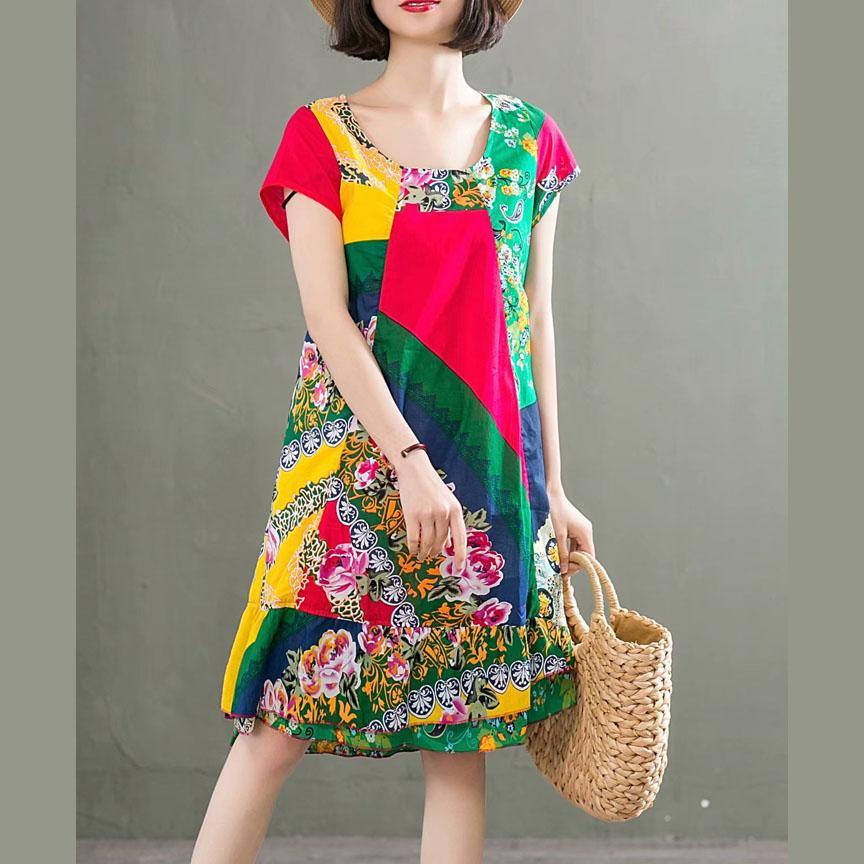 Italian yellow print linen tunic dress o neck patchwork baggy summer Dresses - Omychic