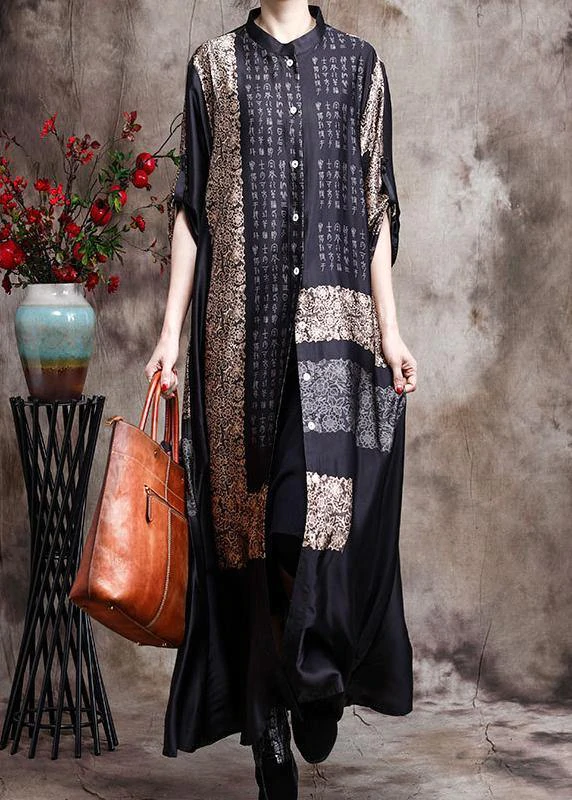 Italian Black Print Long Chiffon Dress Spring Cardigan