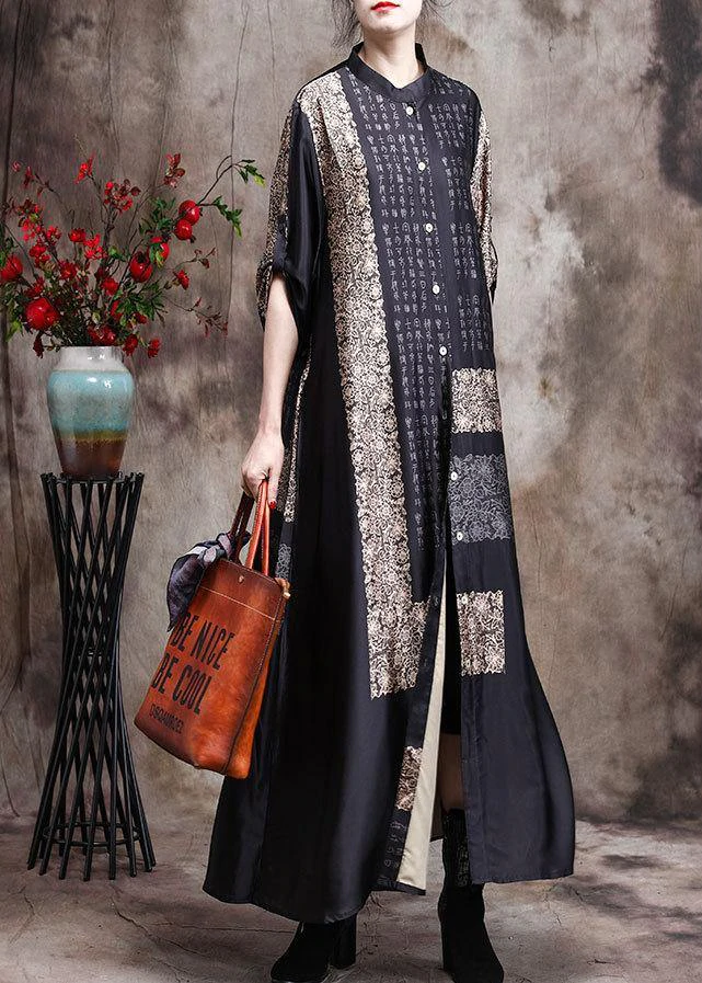 Italian Black Print Long Chiffon Dress Spring Cardigan