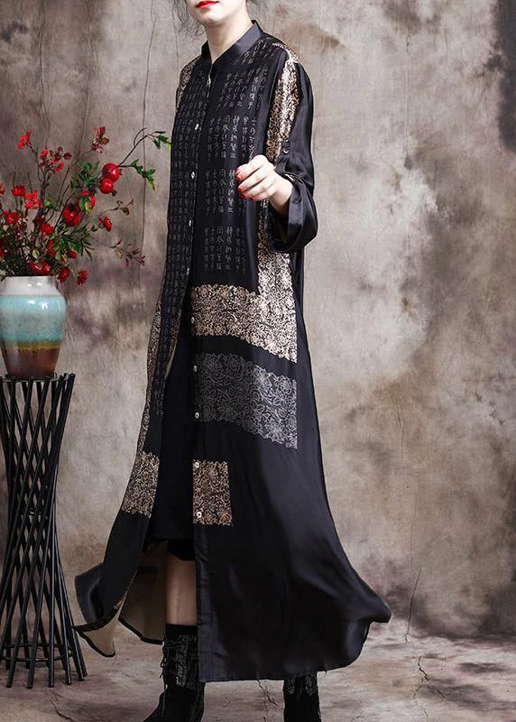 Italian Black Print Long Chiffon Dress Spring Cardigan