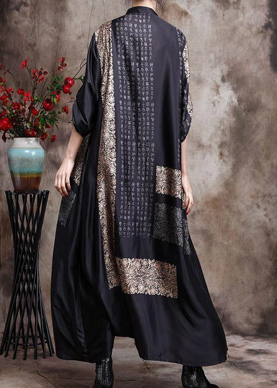 Italian Black Print Long Chiffon Dress Spring Cardigan