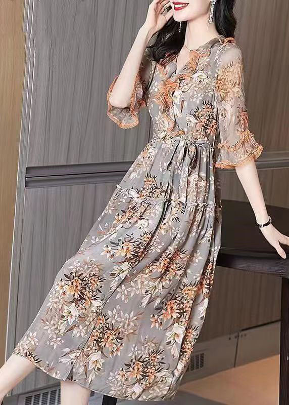 Italian Orange Ruffled Print Wrinkled Silk Holiday Dresses Flare Sleeve