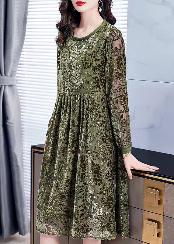 Jacquard Army Green O-Neck Lace Up Silk Velour Dress Long Sleeve