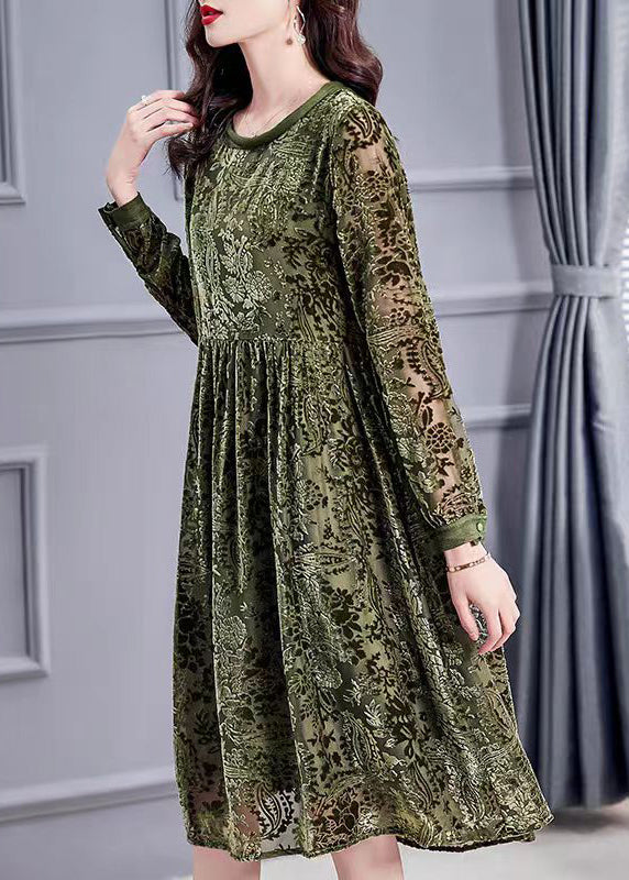Jacquard Army Green O-Neck Lace Up Silk Velour Dress Long Sleeve