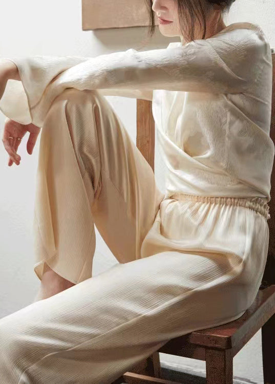 Jacquard Beige V Neck Button Patchwork Silk Top Long Sleeve