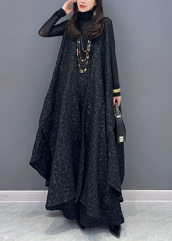 Jacquard Black Asymmetrical Patchwork Cotton Two Pieces Set Sleeveless