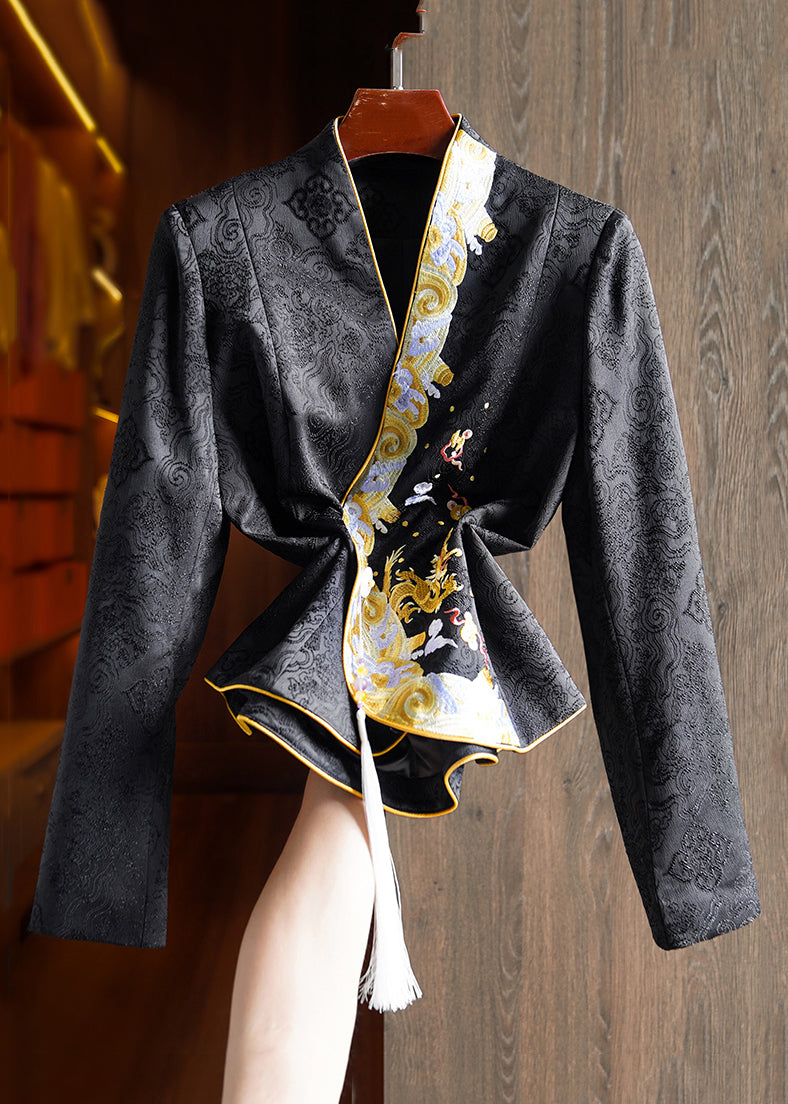 Jacquard Black Embroideried Button Patchwork Silk Tops Fall