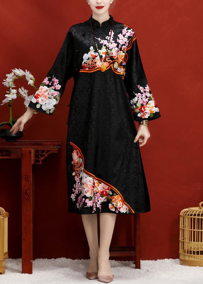 Jacquard Black Embroideried Button Side Open Silk Maxi Dress Long Sleeve