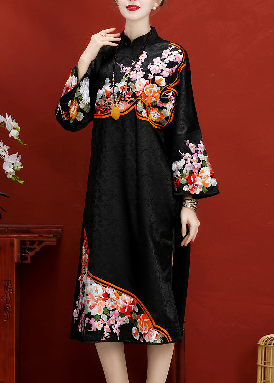 Jacquard Black Embroideried Button Side Open Silk Maxi Dress Long Sleeve