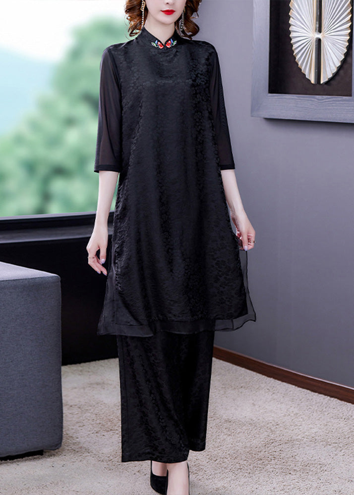 Jacquard Black Embroideried Silk Top And Wide Leg Pants Two Pieces Set Summer