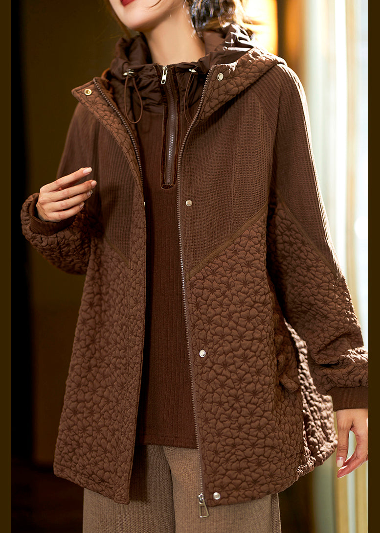 Jacquard Black Hooded Pockets Patchwork Cotton Coats Long Sleeve