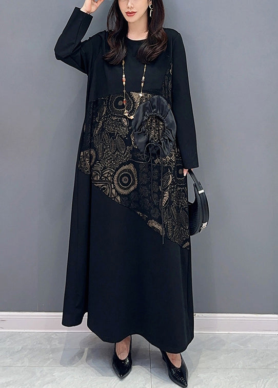 Jacquard Black Lace Up Pockets Cotton Long Dresses Long Sleeve