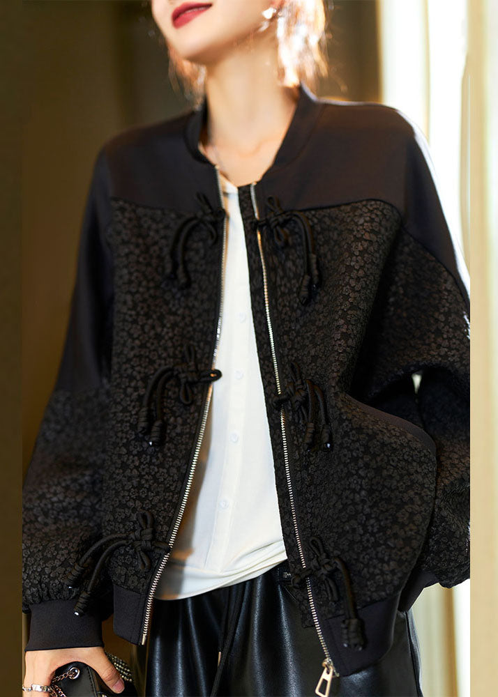 Jacquard Black O-Neck Zippered Pockets Coats Fall