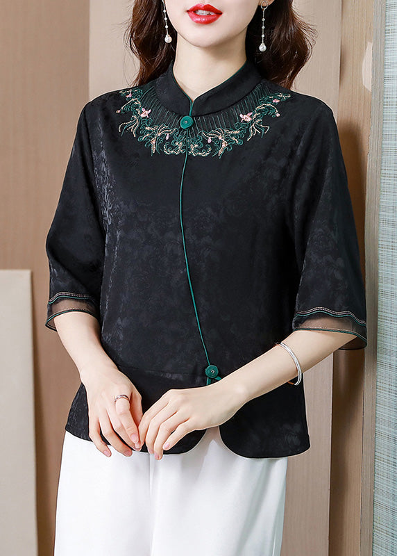 Jacquard Black Stand Collar Embroideried Button Silk Velour Top Half Sleeve