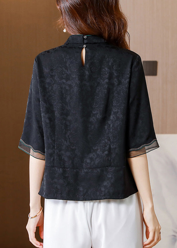 Jacquard Black Stand Collar Embroideried Button Silk Velour Top Half Sleeve