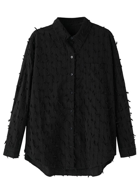 Jacquard Black Tassel Side Open Button Shirt Long Sleeve