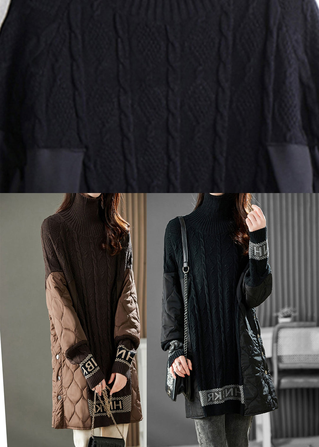 Jacquard Black Turtleneck Patchwork Alphabet Button Thick Knit Sweater Winter